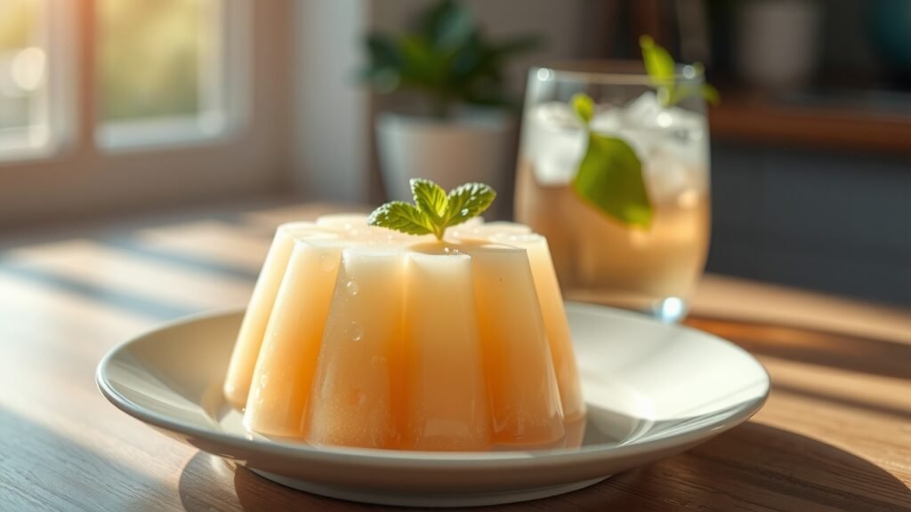 Gelée Melon Délicate en Gros Plan sur Assiette Céramique – Lumière Naturelle Douce, Ombres Subtiles, Menthe Fraîche, Ambiance Chaleureuse et Moderne aux Tons Pastel