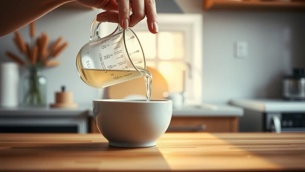image-70 Main féminine versant un liquide d’un verre doseur transparent dans un petit bol, lumière naturelle douce, ambiance chaleureuse, faible profondeur de champ, comptoir en bois lisse, cuisine moderne et minimaliste.