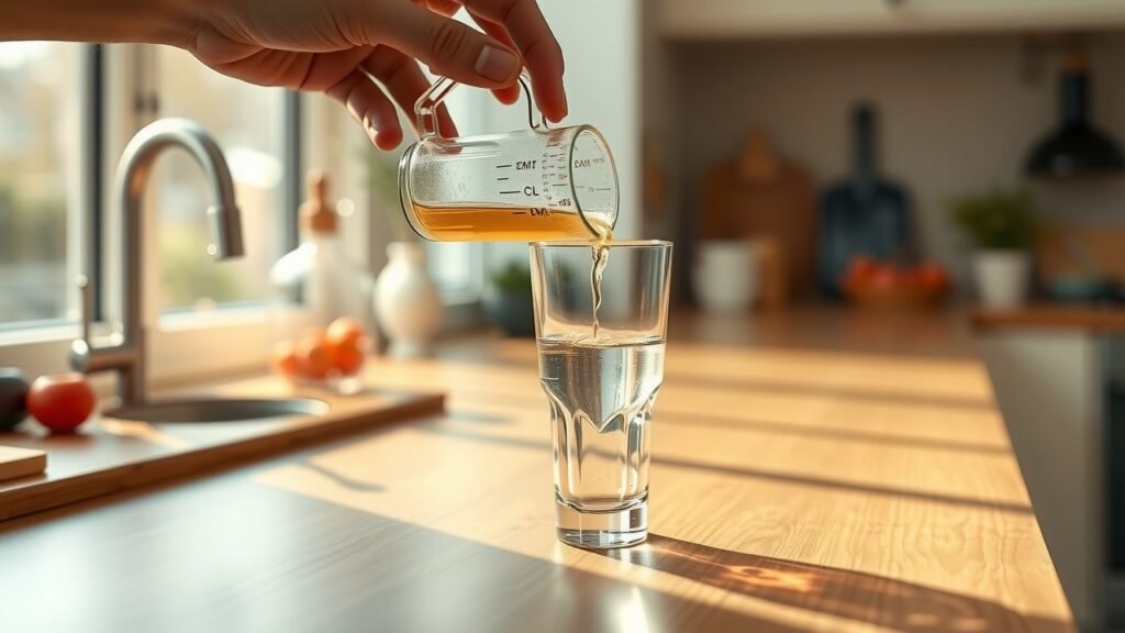 image-71 Versement d’un liquide clair d’un verre doseur marqué en cl vers un verre élégant en ml, lumière naturelle douce filtrant par la fenêtre, plan de travail en bois chaleureux, reflets délicats et atmosphère calme dans une cuisine moderne féminine aux accents pastels.