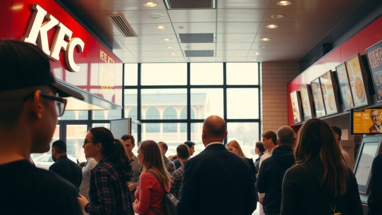 Photo en gros plan de l’intérieur animé d’un KFC en Île-de-France, lumière naturelle, clients divers commandant au comptoir, reflets subtils, ambiance authentique et chaleureuse