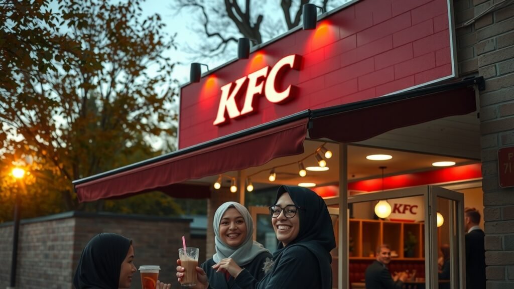 Façade chaleureuse d’un KFC cosy en banlieue parisienne au crépuscule, lumière douce filtrant à travers les arbres d’automne, lampes chaleureuses, ambiance moderne et féminine aux tons pastel, groupe d’amis divers profitant de repas halal en plein air, sourires naturels.