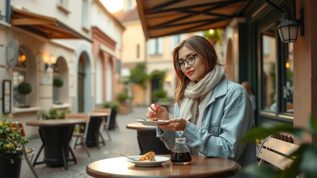 Jeune femme décontractée dégustant un repas en terrasse d’un café en plein air dans une charmante ville française, lumière naturelle douce et ambiance chaleureuse