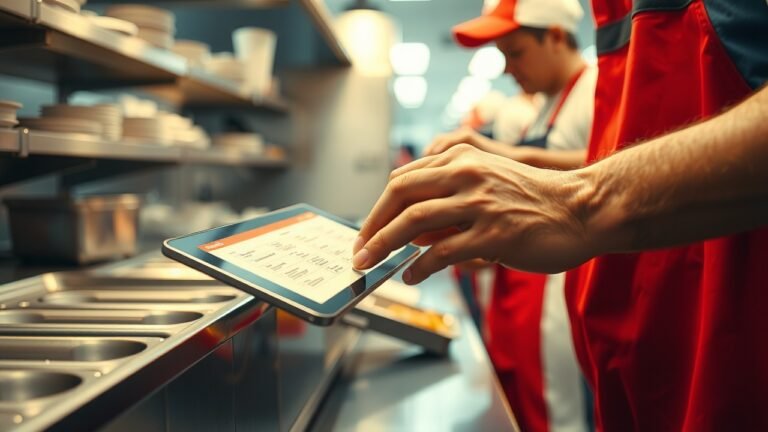 Cuisine de fast-food en pleine affluence : gros plan sur les mains d’un employé vérifiant une checklist numérique sur tablette, lumière chaude, surfaces inox, vapeur et ambiance animée