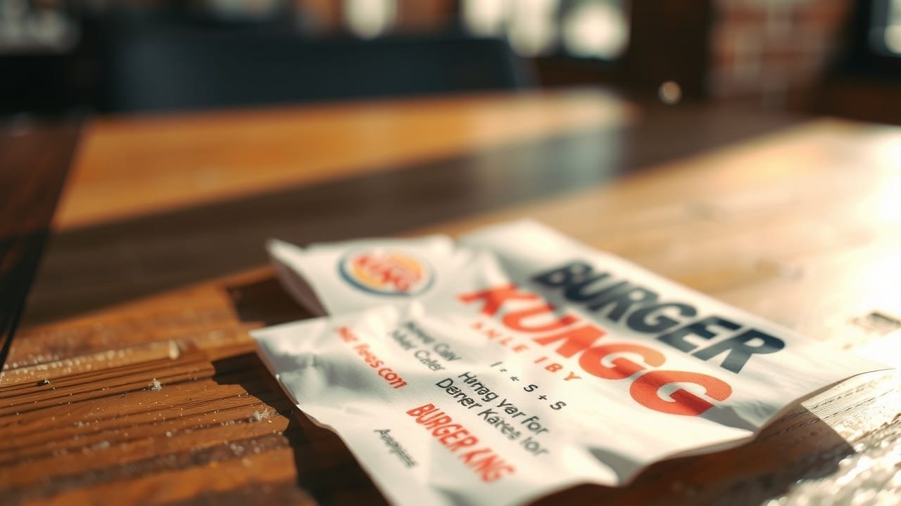 Ticket de caisse Burger King en gros plan sur table en bois, lumière douce naturelle, ambiance chaleureuse et conviviale après repas