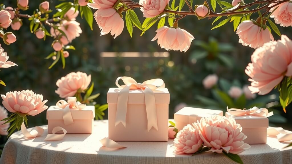Table de jardin ensoleillée avec coffrets-cadeaux élégants, rubans en soie pastel, pivoines roses écloses, lumière naturelle douce et ambiance matinale féminine et moderne