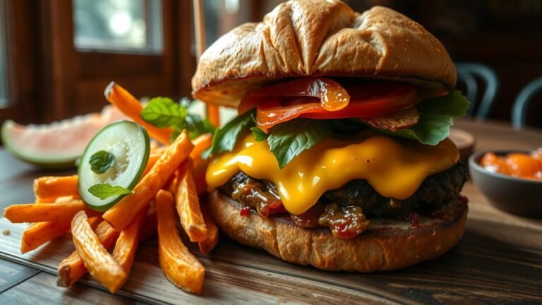 Burger maison en gros plan avec frites de patate douce colorées et salade fraîche melon-concombre à la menthe sur table en bois rustique, lumière naturelle douce, textures visibles, ambiance chaleureuse.