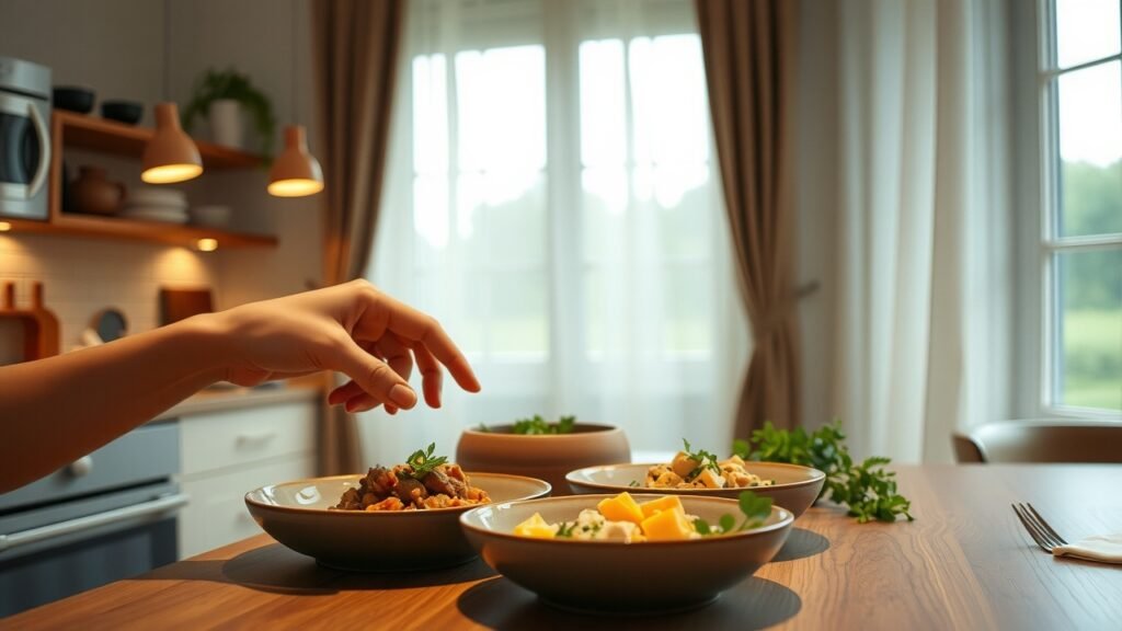 Cuisine moderne lumineuse avec mains féminines dressant des plats classiques aux herbes fraîches, ambiance chaleureuse et élégante, textures délicates et lumière naturelle douce
