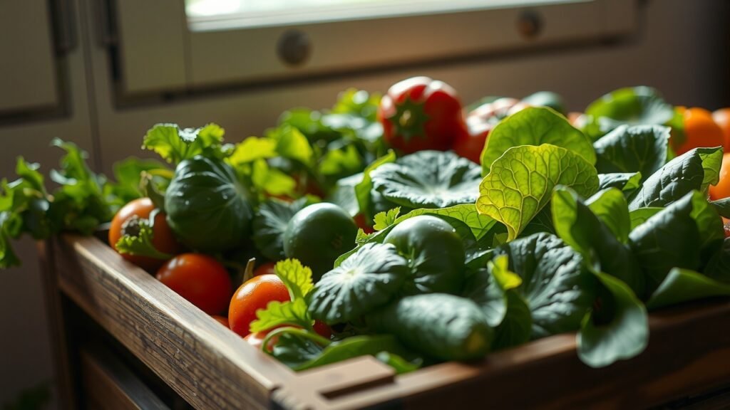 Légumes frais colorés et salades feuilles dans une caisse en bois rustique, lumière naturelle douce, ombres délicates, textures rosées, ambiance chaleureuse et moderne