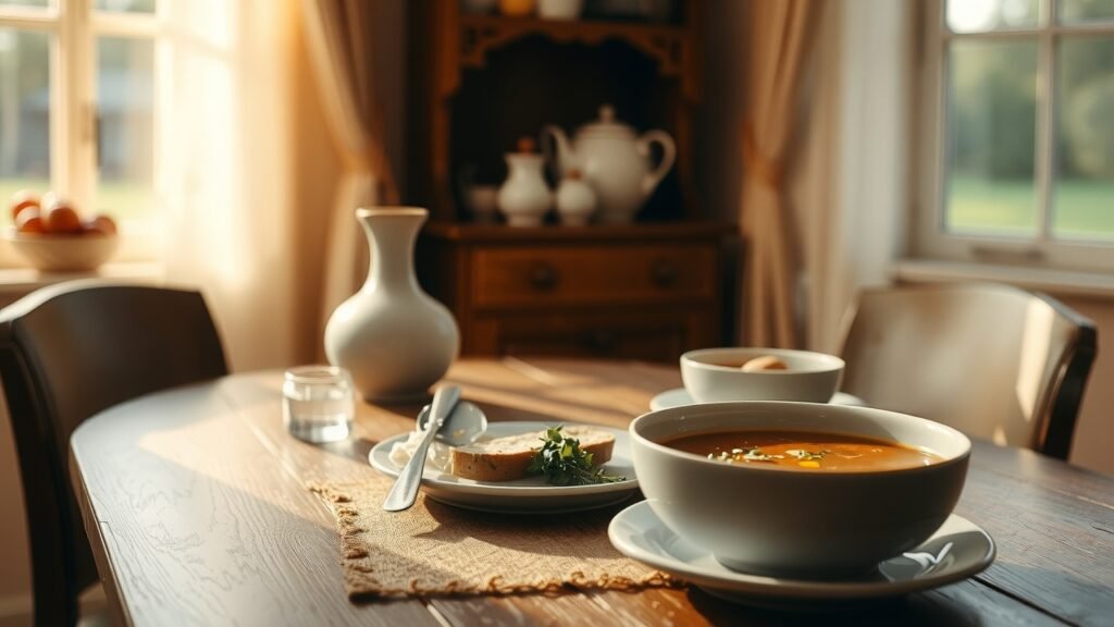 Cuisine chaleureuse avec table en bois, bol de soupe fumante, herbes fraîches, pain rustique, lumière douce et ambiance sereine
