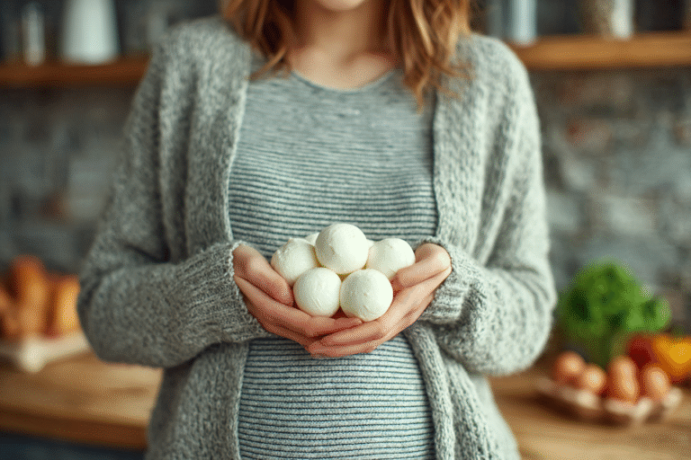 une femme enceinte qui tient des mozzarela dans ses mains