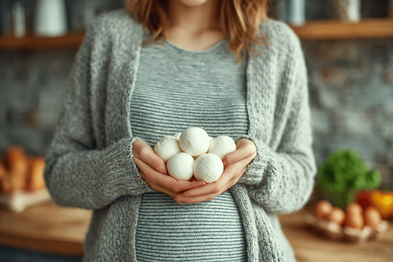 une femme enceinte qui tient des mozzarela dans ses mains