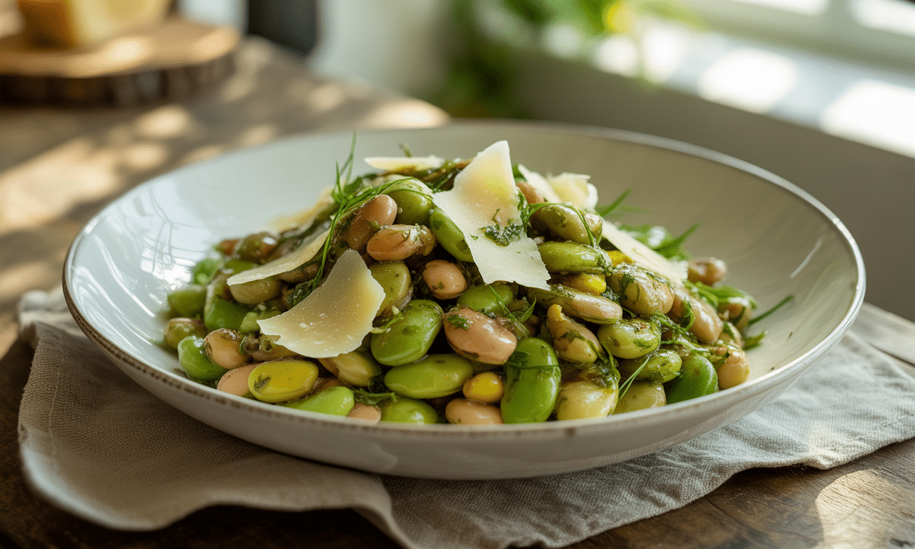 découvrez une salade de fèves gourmande, relevée par un vinaigre balsamique à l'estragon et sublimée de copeaux de parmesan. fraîcheur, saveur et originalité garanties pour vos repas d'été !