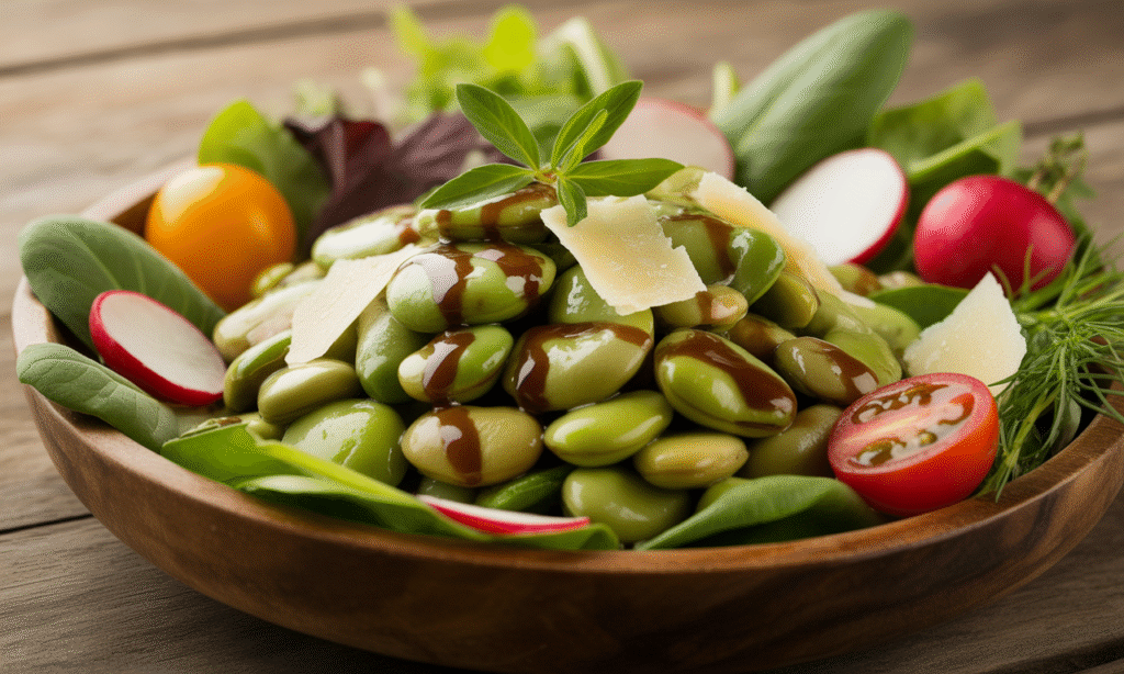 découvrez une salade de fèves fraîche et savoureuse, relevée par un vinaigre balsamique à l’estragon et agrémentée de copeaux de parmesan. parfaite pour un repas léger ou une entrée raffinée.