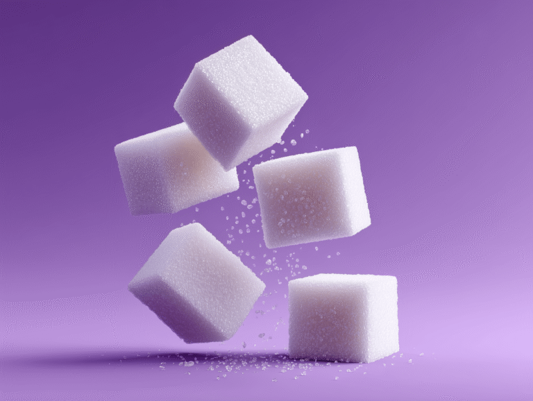 des carré de sucre qui tombe sur une table fond mauve