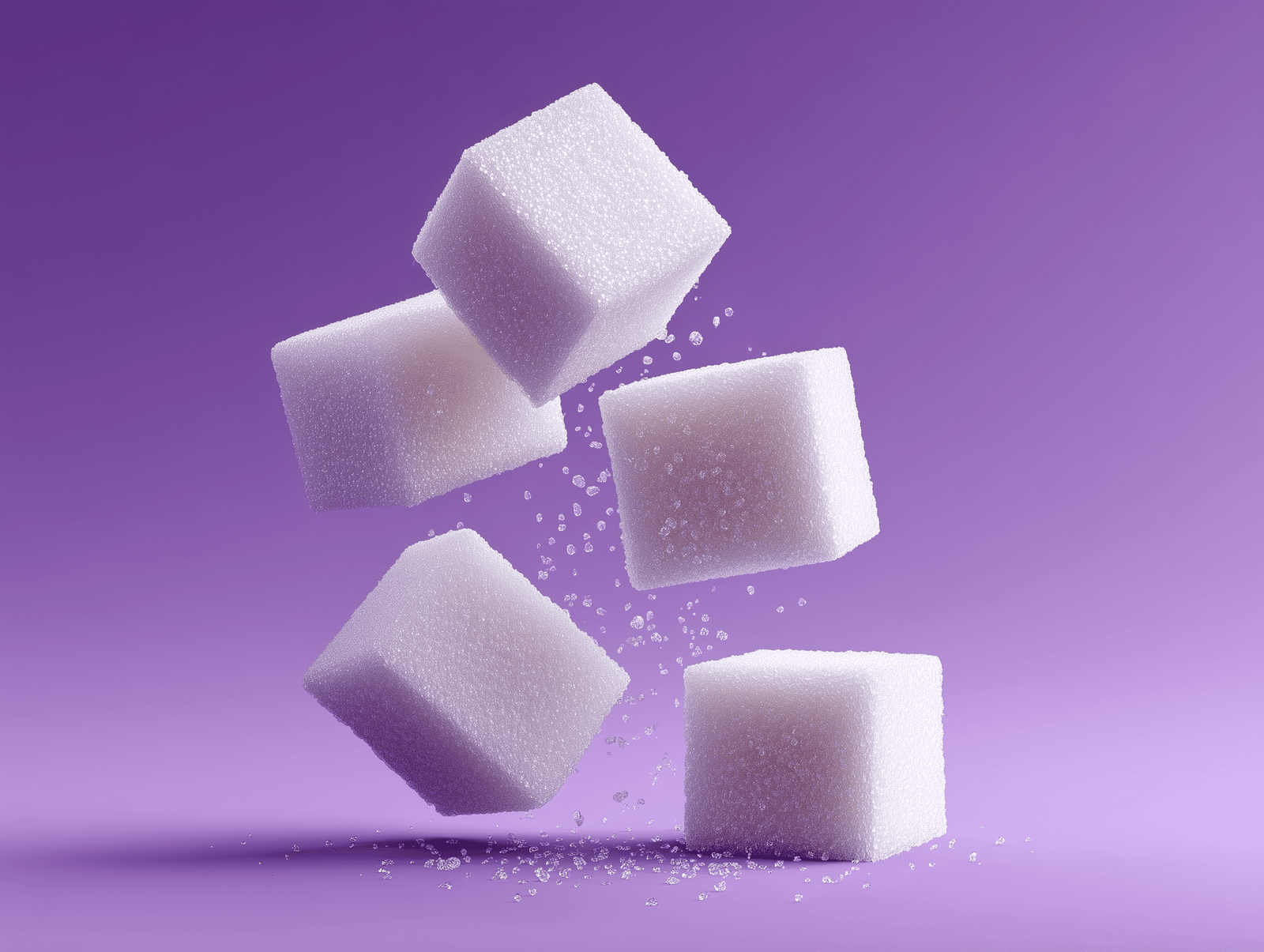 des carré de sucre qui tombe sur une table fond mauve