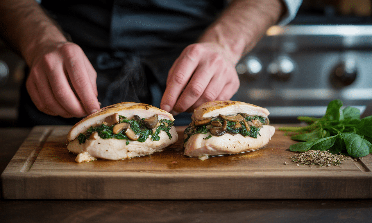 découvrez notre recette gourmande de poulet farci aux champignons et épinards, nappé d'une délicieuse sauce crémeuse. un plat savoureux et facile à préparer pour régaler toute la famille !
