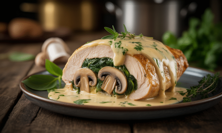 découvrez notre recette de poulet farci aux champignons et épinards, nappé d'une délicieuse sauce crémeuse. un plat gourmand, facile à préparer et idéal pour un repas savoureux en famille ou entre amis.